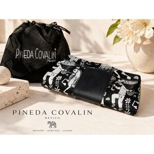 Pineda Covalin Mexico Black White Folk Art Graphic Print Clutch Bag w Dust Bag